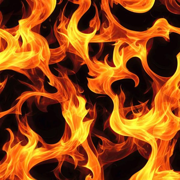 The Spiral Whip Flames 42 (Copy) features vivid orange and yellow flames with swirling wisps and curves set against a solid black background, creating a striking and energetic fire pattern.
