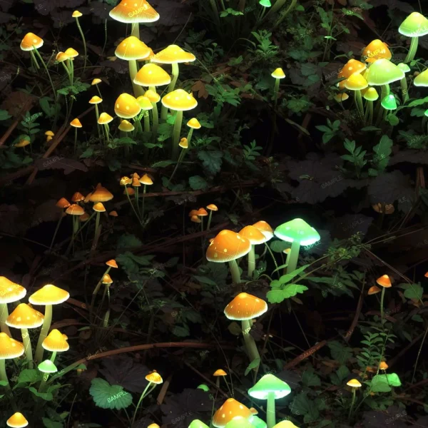 Gold and Black Roses with Floating Sparks (Copy) glow brightly in a dark forest setting, surrounded by leafy plants and foliage.