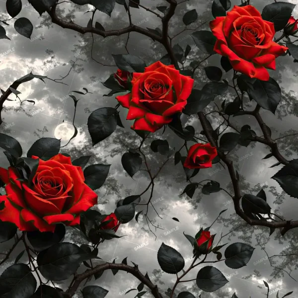 Three large red roses and several rosebuds with dark stems and leaves are depicted against a cloudy, moonlit night sky on the Magic Mushrooms 48 (Copy) product, with a partially visible moon behind the branches.