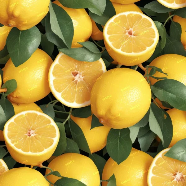 Lemons Watercolor 42 (Copy): A collection of whole lemons with green leaves, some sliced to reveal their juicy yellow interiors.