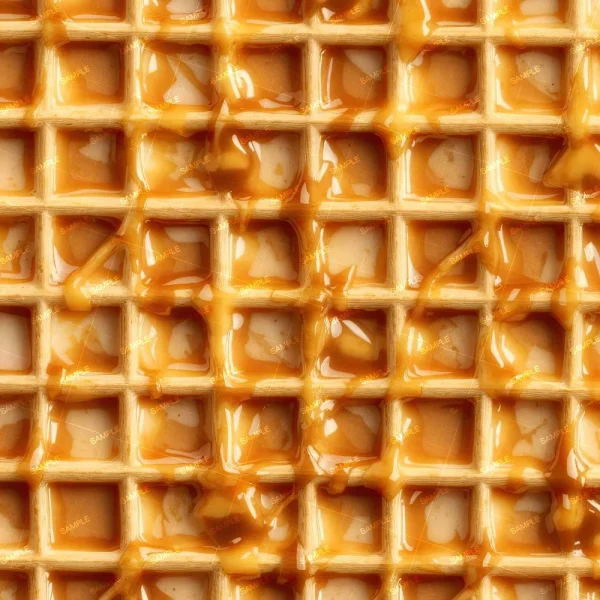Close-up of a Waffle with Maple Syrup, showcasing its golden grid pattern topped with a sweet syrup drizzle.