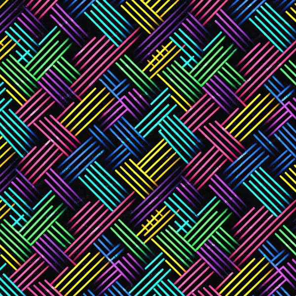 Rainbow Grunge Wall (Copy) features a geometric pattern of overlapping diagonal lines in blue, yellow, pink, green, and purple on a black background, creating a woven, basket-like effect.