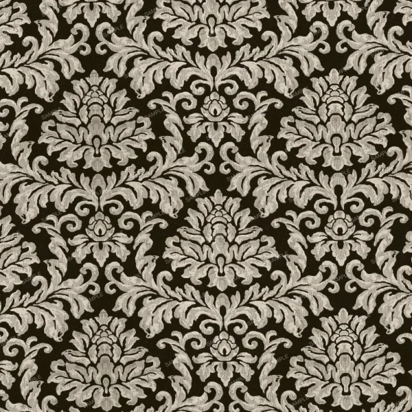 Brushed Damask features an ornate, symmetrical floral and leaf pattern in light beige on a dark brown background. The intricate design has a vintage wallpaper look with a textured appearance.
