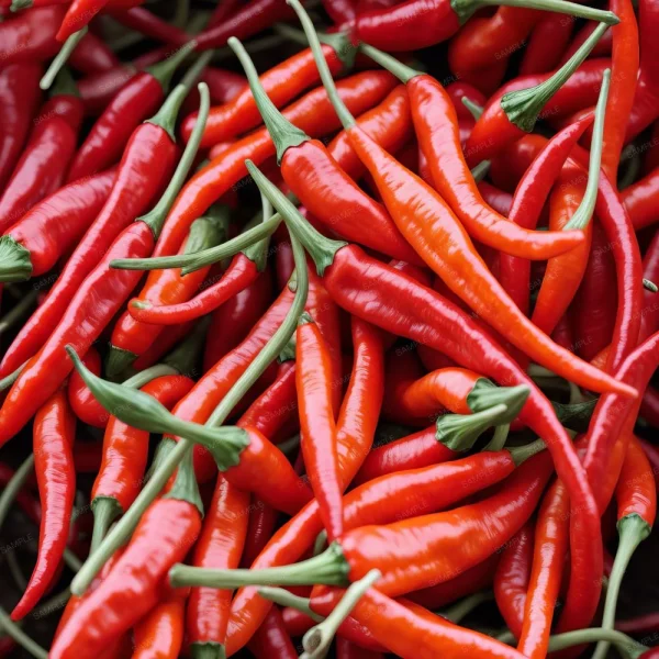 A pile of Chili Peppers 42 with green stems, closely arranged and overlapping each other.