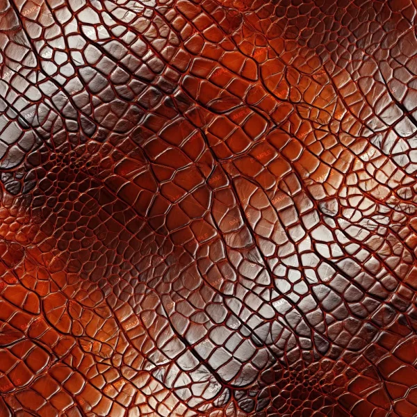 Close-up view of Blue Nile Crocodile (Copy) featuring a reddish-brown, scaly texture with shiny, irregular interconnected patterns resembling reptile skin or leather.