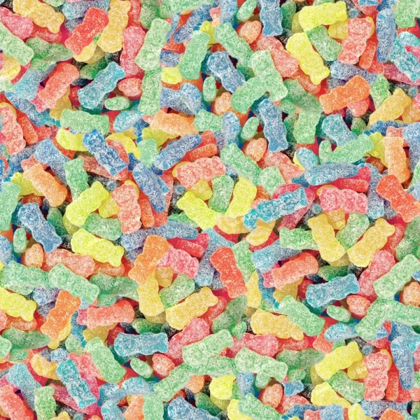 A large pile of Chili Peppers 42 (Copy) gummy candies, shaped like worms and coated in sugar. These colorful treats come in red, yellow, green, blue, and orange, densely packed together for a vibrant display.