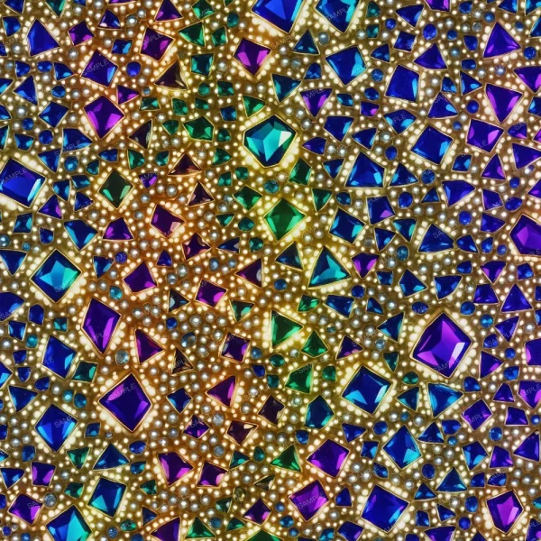 Bling Jewels features a dense pattern of colorful, iridescent gemstones—triangles and squares—in blue, purple, green, and gold hues, set on a background of small round metallic beads.