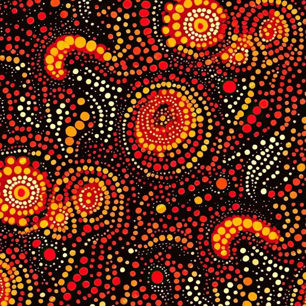 Lilly Pastel Palm Fronds (Copy) features swirling and circular formations of red, orange, and yellow dots on a black background, creating an abstract and rhythmic composition.