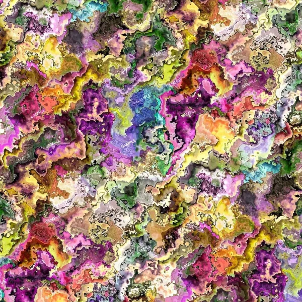 Lilly Pastel Palm Fronds (Copy) showcases a vibrant abstract design with swirling, marbled textures in purple, yellow, pink, green, and brown, enhanced by intricate lines and organic palm-inspired shapes.