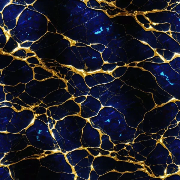 White Italian Marble (Copy) features an abstract deep blue design with irregular gold veins forming organic, web-like patterns across a textured dark blue background.