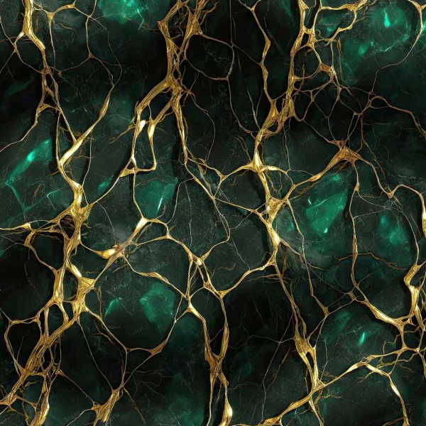 Azure Marble with Gold Veins 42 (Copy) features a dark emerald green marble design accented by irregular gold veining that intersects and branches across the surface, creating a luxurious, textured look.