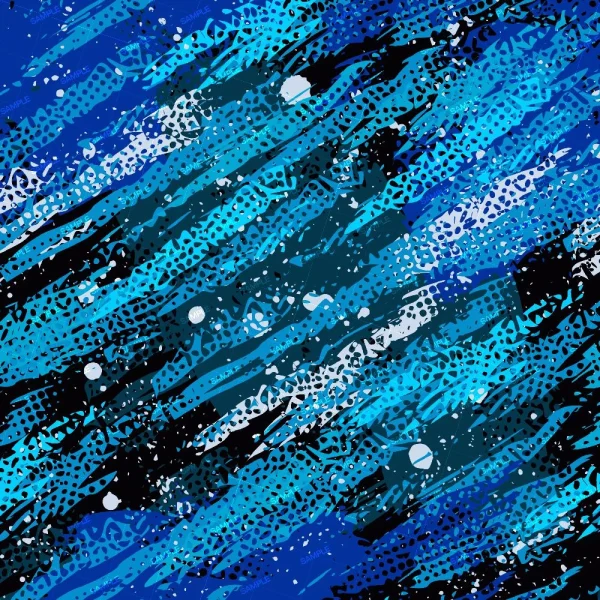 The Fallen Rope (Copy) design features an abstract pattern with diagonal brush strokes in blue, black, and white, accented by scattered dots and textured lines for a dynamic, layered look.
