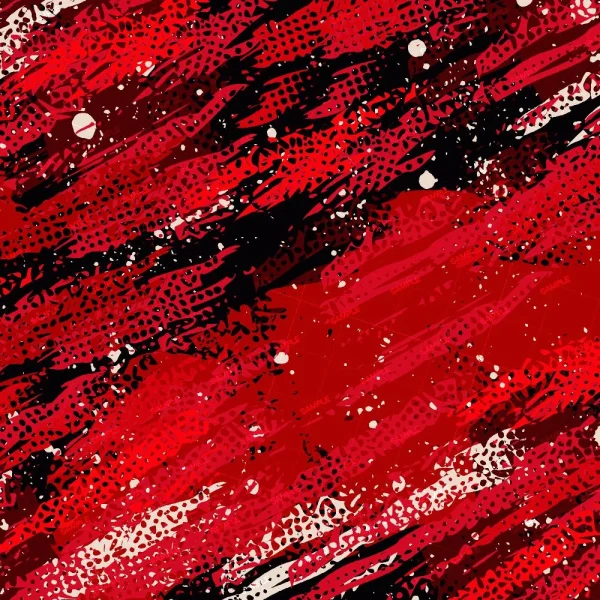 Blue Slash and Burn (Copy) features textured abstract artwork with diagonal streaks and splatters in red, black, and white, blending dotted and brushstroke effects across the composition.