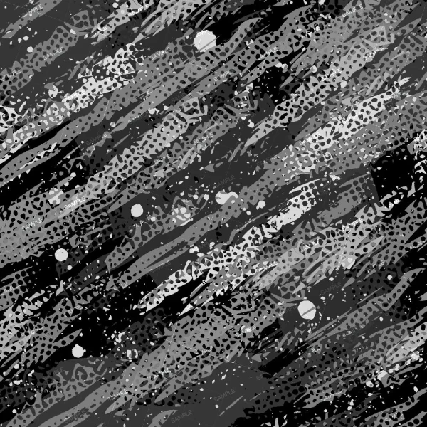 Green Slash and Burn (Copy) features an abstract pattern of diagonal brush strokes, splatters, dots, and textured spots in black and white for a dynamic, layered, and chaotic visual effect.