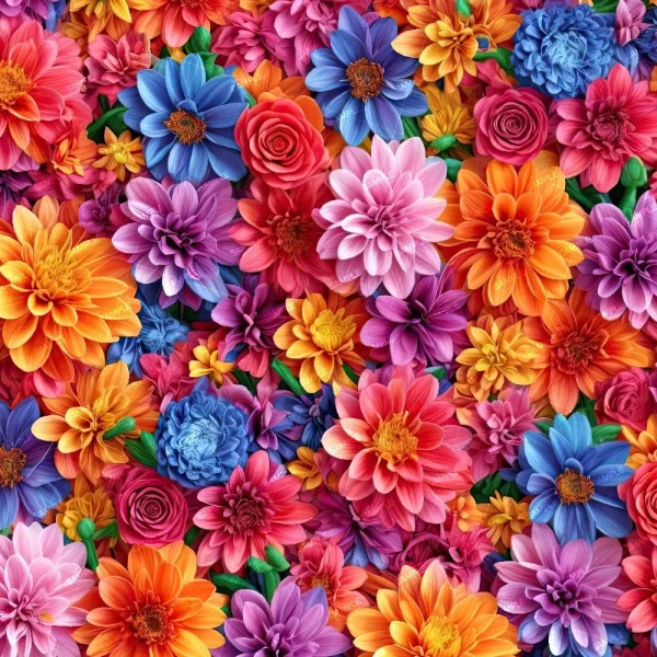 A vibrant display of Climbing Wall Roses (Copy) in orange, pink, purple, red, and blue densely fills the image with no background visible.