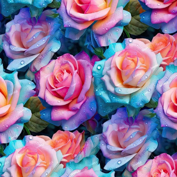 Colorful Flowers 56 (Copy) features a seamless pattern of digitally illustrated roses in pink, peach, blue, and purple with visible water droplets on the petals, set on a dark background.