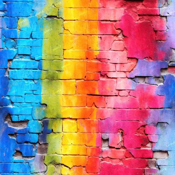 The Rainbow Grunge Wall features a brick surface with a blue-to-yellow-orange-to-red-pink gradient and distressed, cracked bricks.