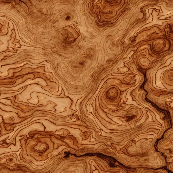 A detailed close-up of the Blond Ash Veneer (Copy) reveals swirling, layered wood grain in shades of brown and tan, forming a natural tree ring pattern with an intricate, organic texture.