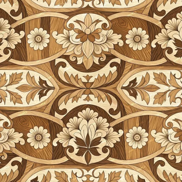 Wet Roses 42 (Copy) features a seamless pattern with ornate floral and leaf designs in brown, beige, and cream tones, resembling carved wood. The symmetrical arrangement highlights elegant flowers and foliage.