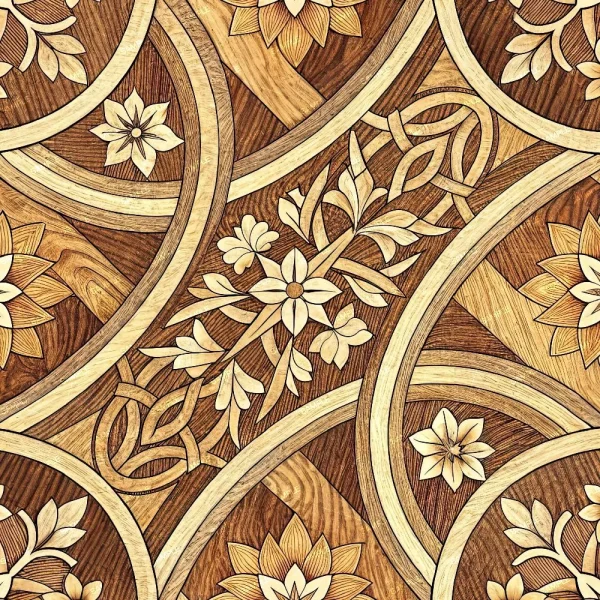 Wet Roses 42 (Copy) features an intricate wooden inlay with geometric curves and stylized floral motifs in brown, beige, and tan, arranged symmetrically on a wood-textured background.