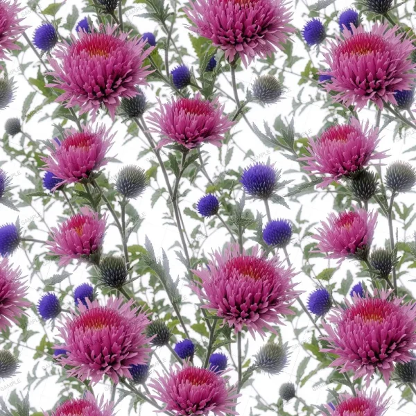 Moonlight Cherry Blossoms (Copy) features a seamless pattern of large pink chrysanthemum flowers, small round purple thistle blooms, and green leaves on a white background.