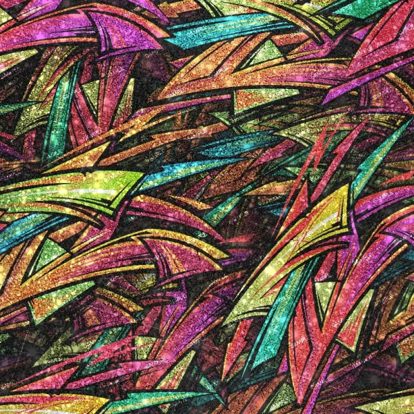 Alcohol Ink Abstract 48 (Copy) features a dense, glitter-textured pattern of overlapping angular shapes in vibrant green, pink, yellow, and blue tones set against a dark background.