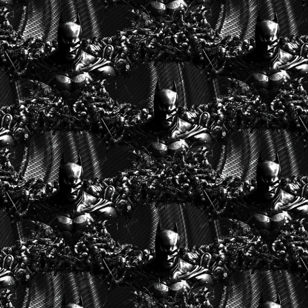 Batman 2025 (Copy) features a repeating black-and-white grid pattern of Batman in his suit with bats and shadows, all in a textured, gritty style across the entire design.