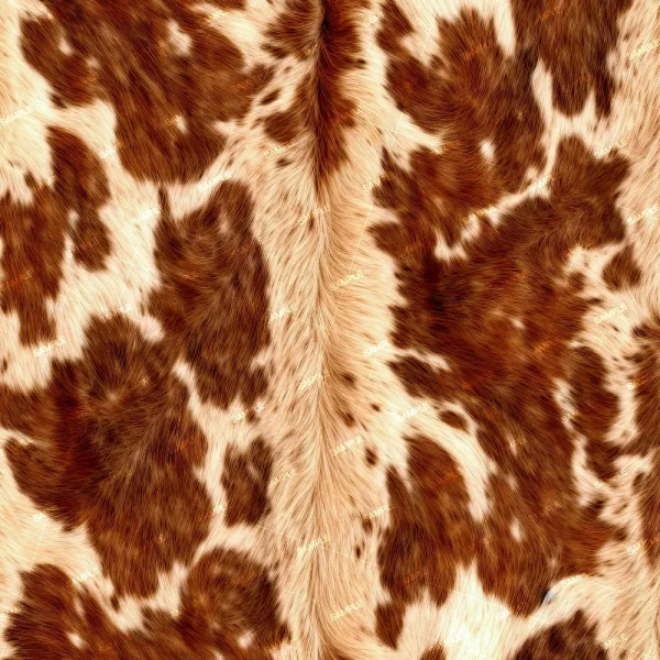 Close-up of Cowhide 50 (Copy) showing irregular brown patches on a cream background and a prominent central parting, emphasizing the texture and direction of the fur.