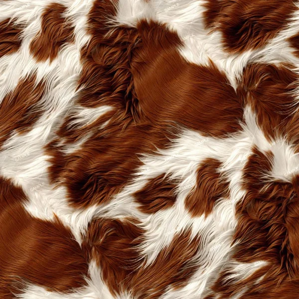 Close-up of Cowhide 50 (Copy), featuring a soft, wavy, furry texture with irregular brown and white patches distributed unevenly across the surface, resembling a cow’s natural coat pattern.