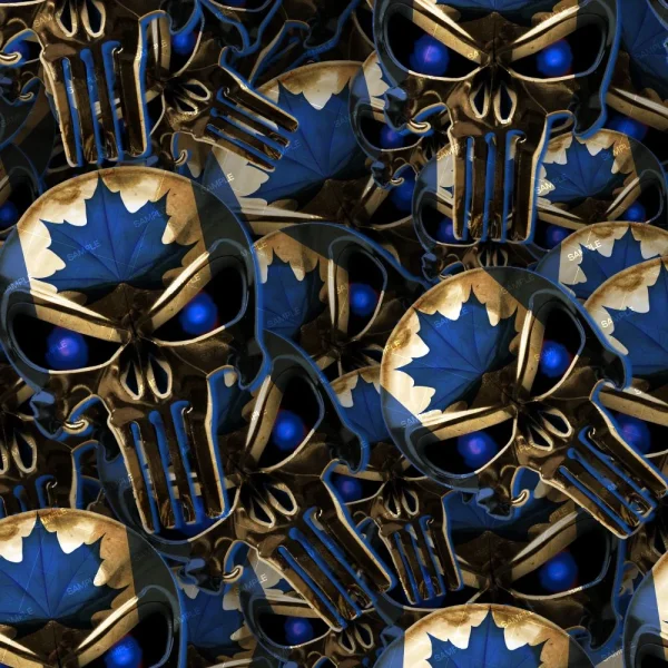 Constitutional Script (Copy) features a repeating pattern of metallic skulls with blue glowing eyes, a blue maple leaf on each forehead, and gold and black accents throughout the design.