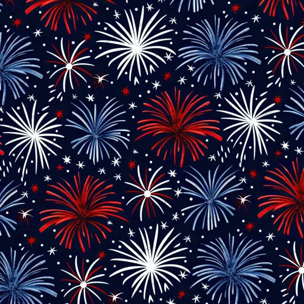 The Blue and Gold Canadian Punisher (Copy) features a seamless pattern of gold and blue fireworks and stars on a dark blue background, with varying fireworks sizes and shapes for a festive, celebratory look.