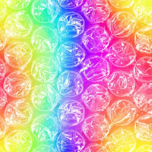 A close-up of Rainbow Grunge Wall (Copy) features bubble wrap with a bold rainbow gradient overlay, blending red, orange, yellow, green, blue, and purple hues across the plastic bubbles.