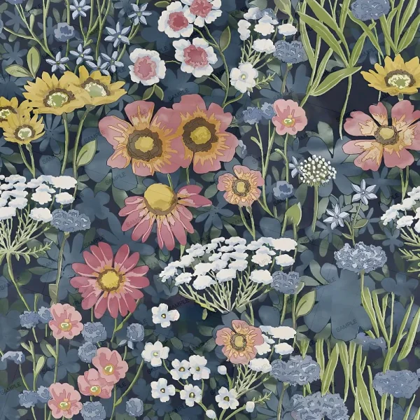 Thistle 48 (Copy) features a vibrant botanical pattern of densely arranged wildflowers—pink, yellow, white, and blue blossoms with green stems and leaves—set against a dark blue background.