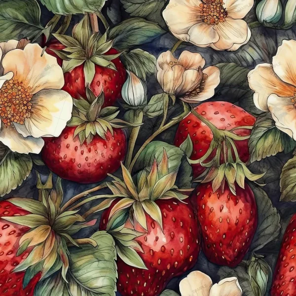 Field of Flowers 48 (Copy) features a detailed, hand-drawn illustration of ripe red strawberries with green leaves and white flowers, densely arranged to fill the frame with intricate shading and line work.