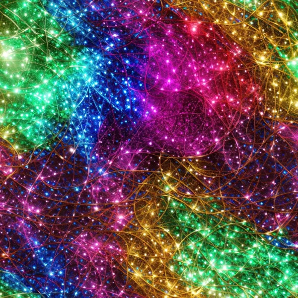 Bubble Wrap 22 (Copy) features a vibrant abstract design of tangled, glowing lines in green, blue, purple, pink, yellow, and orange on a dark background, evoking the look of colorful networks or cosmic energy.