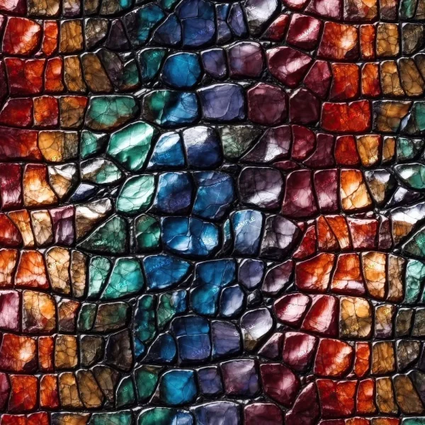 A close-up of Mangshan Pit Viper Scales 23 (Copy) shows tightly arranged, irregular multicolored pieces—reds, blues, greens, purples—forming an abstract mosaic pattern.