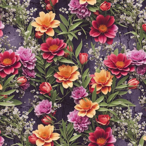 a repeating pattern of red, orange, and pink flowers with green leaves and small white blossoms on a dark background.