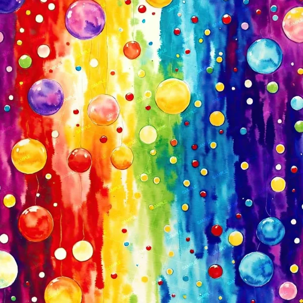 Grafitti 23 (Copy) features a vibrant watercolor background with vertical rainbow streaks, overlaid with shiny, 3D bubbles in red, yellow, purple, and blue of various sizes scattered throughout the image.