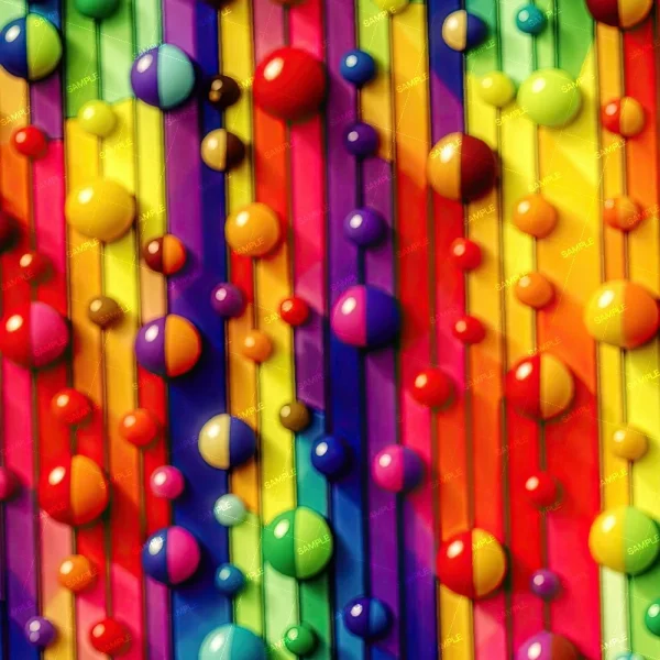 Grafitti 23 features colorful, glossy spheres of varying sizes on a vertically striped rainbow background. Shadows from the spheres add a striking three-dimensional effect to the design.