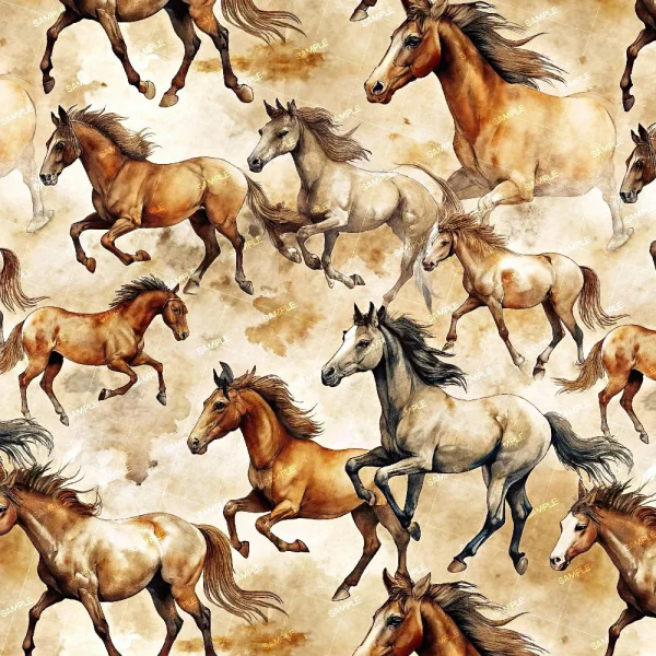 Watercolor Horses 42: Features multiple brown and gray horses in motion, galloping in various directions against a light watercolor background.