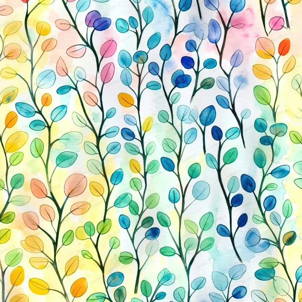 Watercolor Horses 42 (Copy) features a seamless pattern of leafy branches with multicolored leaves—yellow, green, blue, pink, and orange—set against a soft pastel background.
