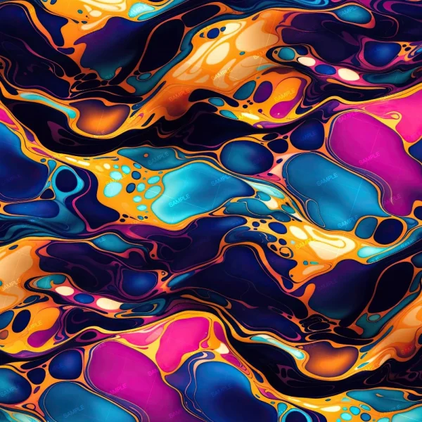 Watercolor Vines 42 (Copy) features bold, swirling patterns in vibrant blue, orange, yellow, pink, and purple with overlapping shapes and fluid lines reminiscent of marbled paint.