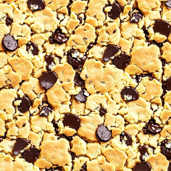 A close-up view of Taffy Candy (Copy) surface, highlighting its golden brown pieces and scattered dark chocolate chips throughout.