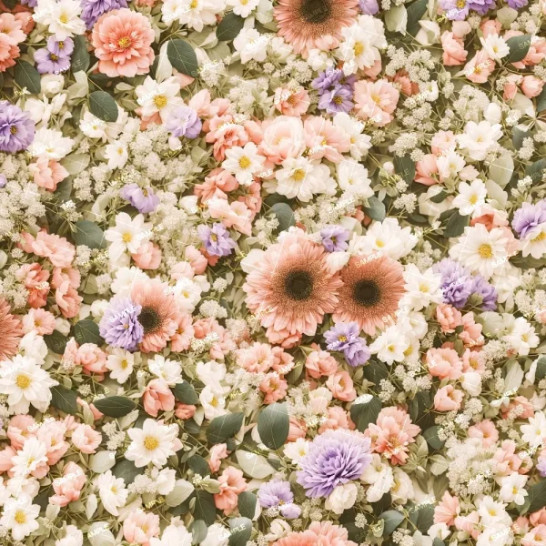 Victorian Flowers 72 (Copy) features a dense mix of pink gerbera daisies, white daisies, purple and pink blooms, and green leaves for a vibrant, textured floral background.