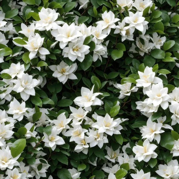 A dense cluster of healthy, vibrant white flowers with yellow centers and lush green leaves fills the frame in "Flower Shop Cutting Floor (Copy).