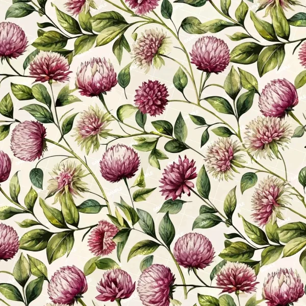 Flower Shop Cutting Floor (Copy): Seamless pattern of pink clover flowers and green leaves on a light beige background, featuring detailed, realistic floral illustrations in a repeating design.