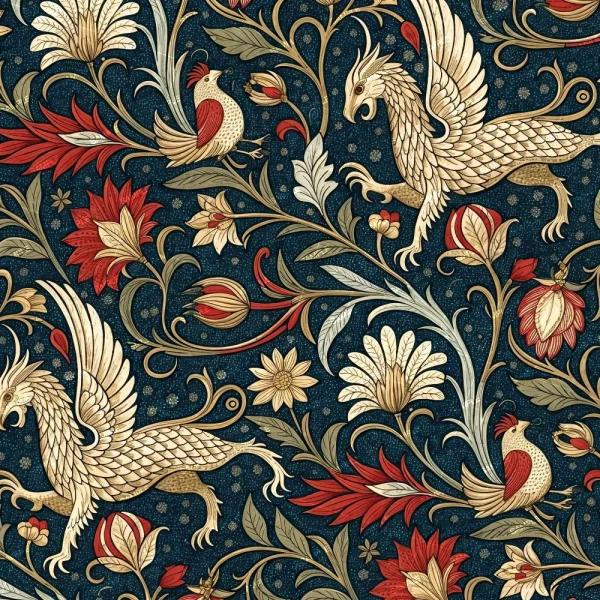 The "Globe Thistle (Copy)" features a detailed vintage seamless pattern of mythical griffins, stylized birds, and ornate red, white, and tan flowers with green leaves on a dark blue background.