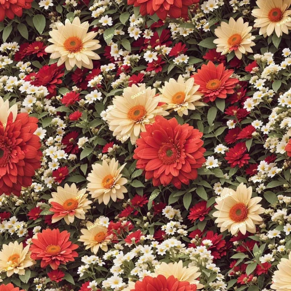 A vibrant, evenly distributed pattern of Globe Thistle (Copy) flowers in red, cream, and white shades with green leaves fills the frame. The flowers vary in size for added visual interest.