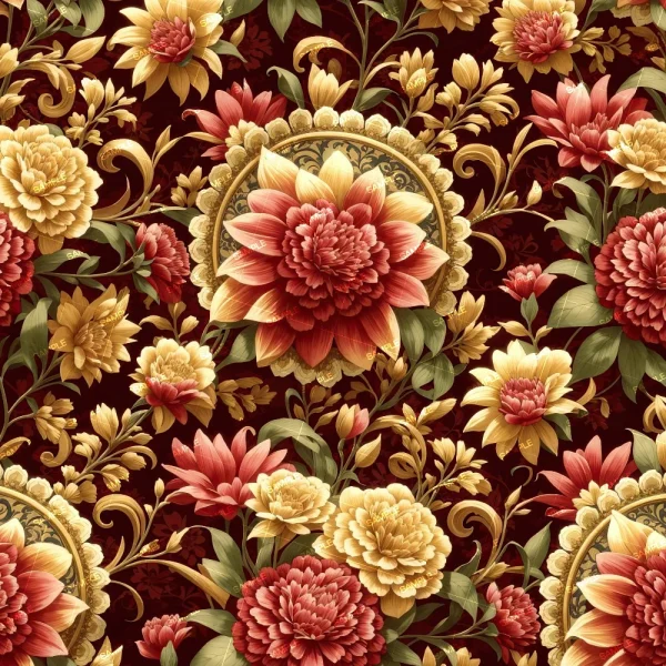 Globe Thistle (Copy) features a seamless pattern of large, detailed red and yellow flowers with green leaves and gold accents on a dark red background, creating a symmetrical, elegant vintage look.