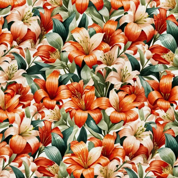 Victorian Flowers 67 (Copy) features a seamless pattern of orange and white lilies with green leaves, densely arranged in varying sizes to create a vibrant, richly detailed floral background.